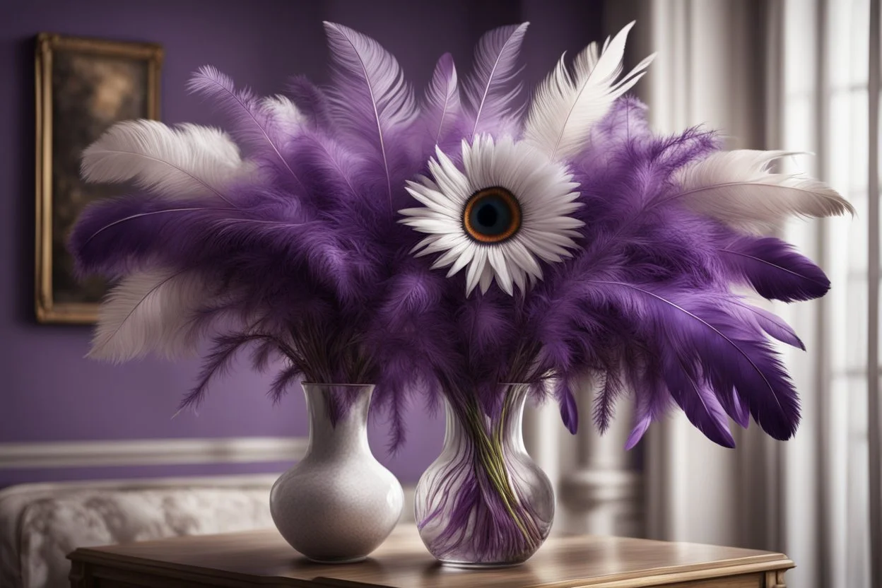 a beautiful, lifelike feather bouquet in purple with a lifelike eye in the centre in a beautifu vase in an elegant room S<AI Nikon D850 highly detailed digital painting sharp focus elegant intricate photorealistic 4k very attractive beautiful dynamic lighting award winning fantastic view crisp quality Unreal Engine very cute cinematic postprocessing acrylic art in sunshine