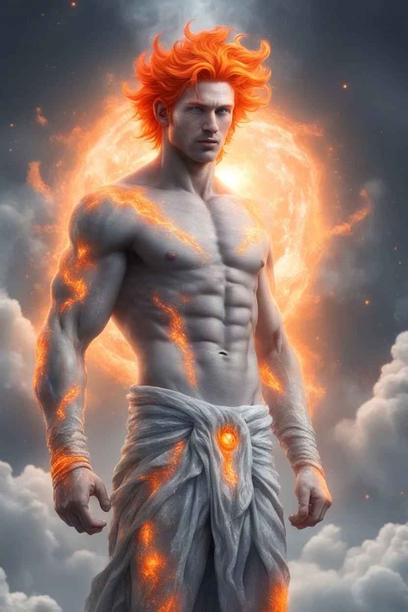 full body picture of a slim muscular god with galaxy's in his eyes, glowing orange hair that looks like it's made of the sun, a light gray body made of clouds with glowing cracks of orange within it in cloud patterns, he wears greek god like clothing that looks as if it's made of ice and water. realistic 4k