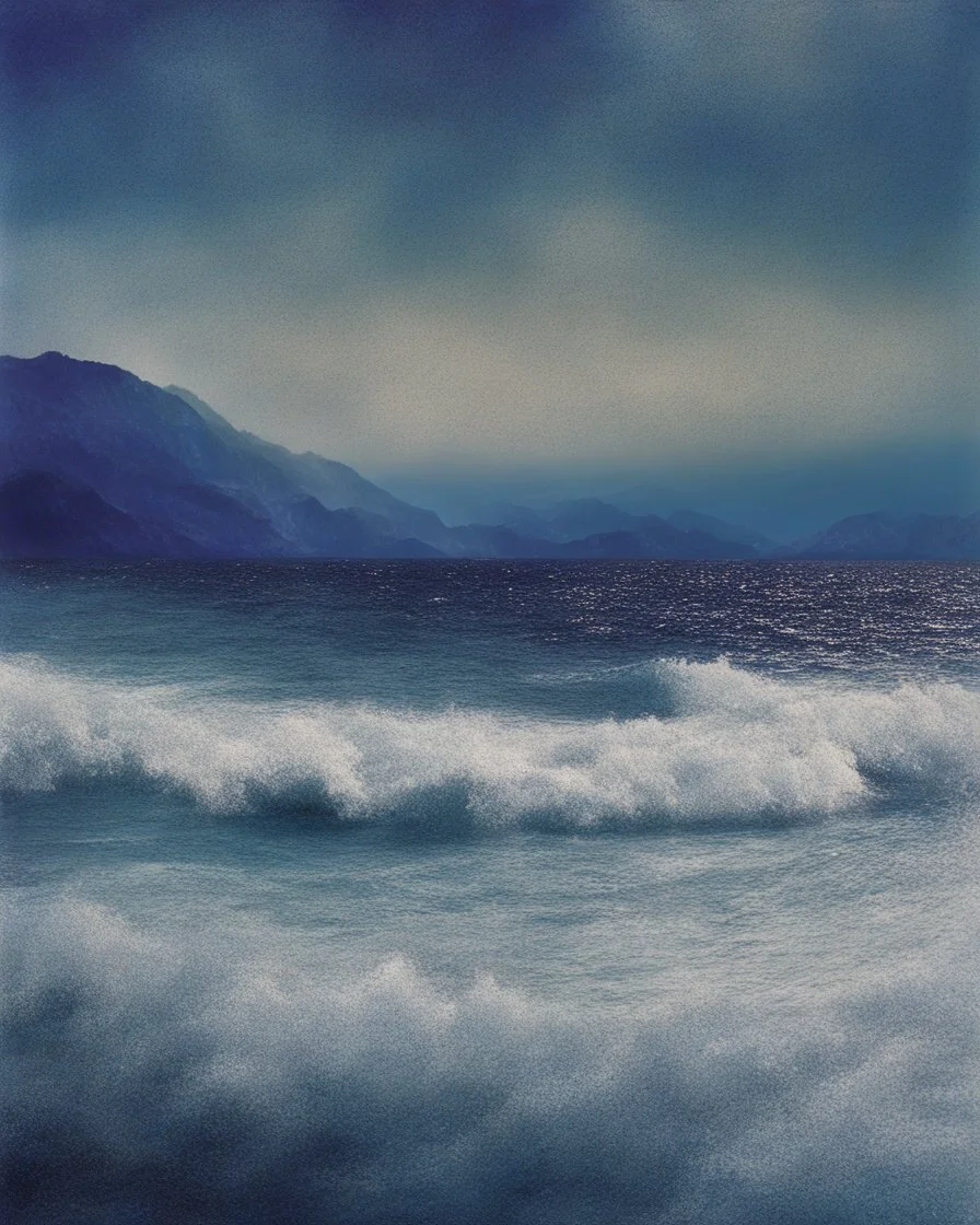 Ocean, Storm, Impressionist Beautiful Italian blue mountain scene by Turner and redon and Seurat, 1980s aesthetic, photonegative refractograph, sparklecore, star overlay