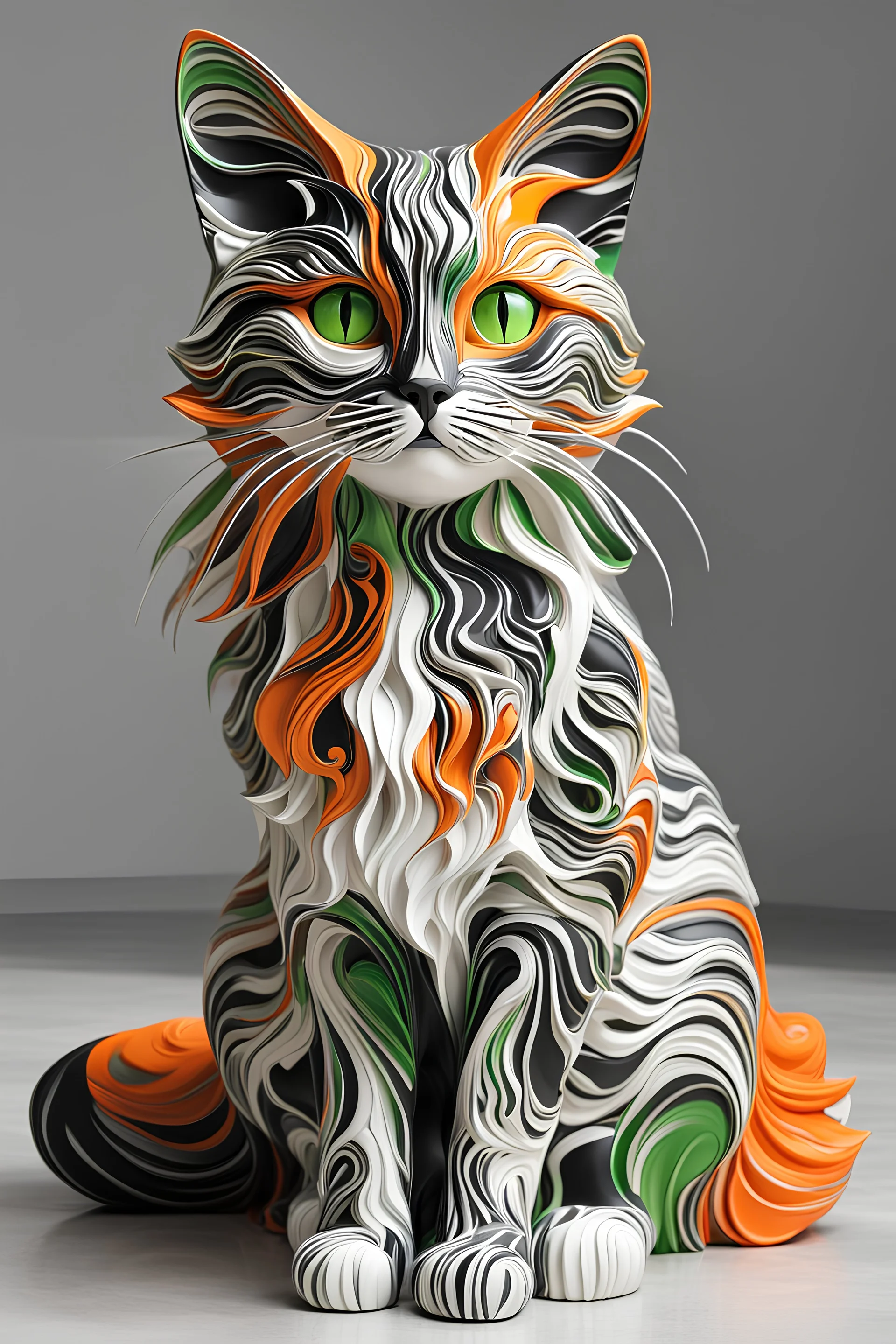 Pop art sculpture of a beautiful cat with long, wavy, thick hair, pointed ears, bright green eyes, orange, black and white colors, ultra quality, (((full body))), sitting on the floor