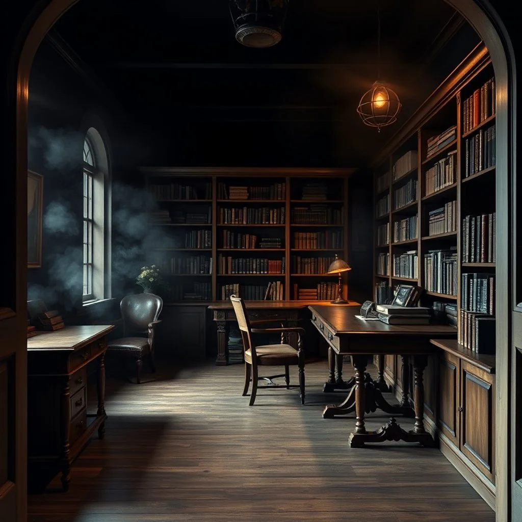 A Vintage Looking Dark Study Room With Wooden Floor & Wooden Furniture And Wooden Book Shelf With Smoky Environment At Dark Night Showing Dramatic And Cinematic Ambiance.