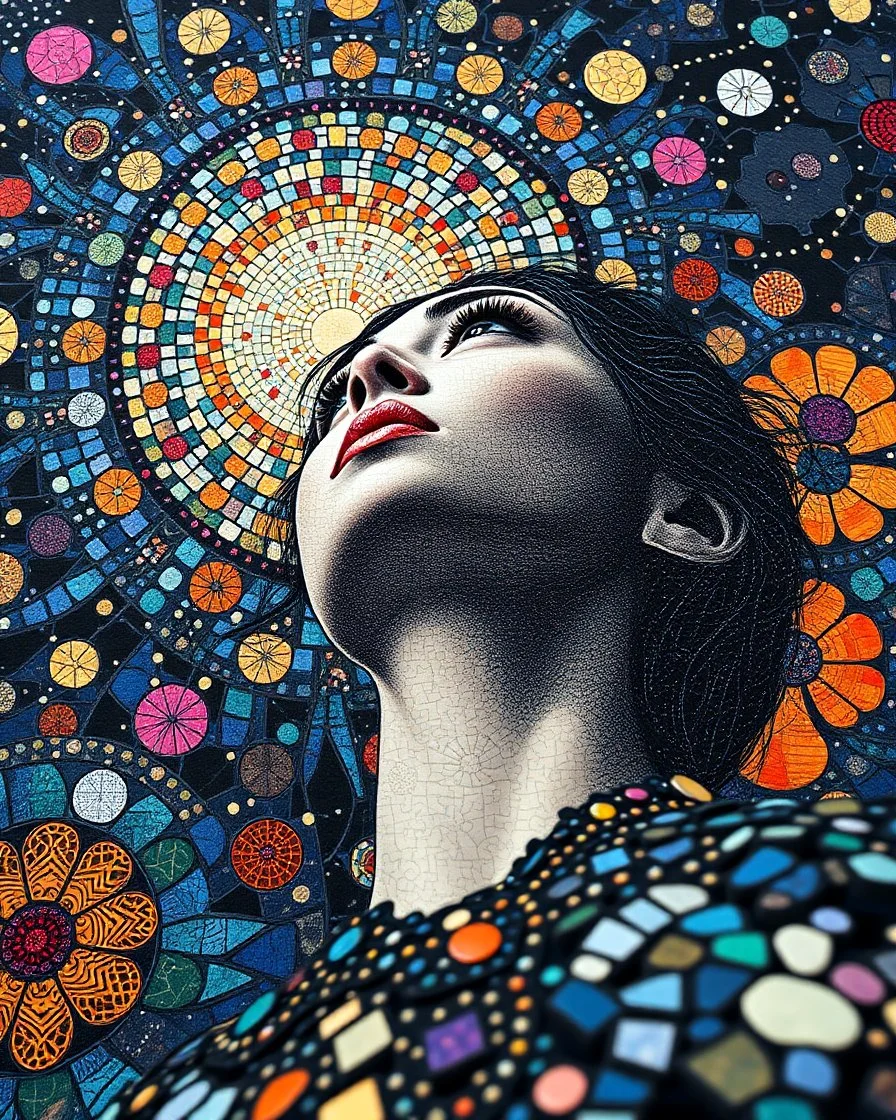 "Midnight Serenade unique" low view angle shot down long, large close up a beautiful girl look up granite terrazzo motifs with puzzle modern clothing is decorated with colorful filigree abstract, Collage chutes papiers magazines,Spirograph background by Nisa Kiley, Textile Artist