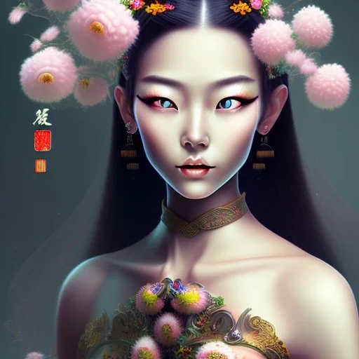 portrait of a Chinese woman, cute, fantasy, with flowers in her hair, big eyes