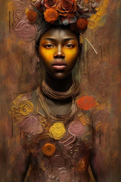 an abstract painting of rusted metal and flowers, african portrait, rust, scaffolding, iron cladding, decay, mixed media, textured, anatomically correct, beautiful perfect face, sharp focus, highly detailed