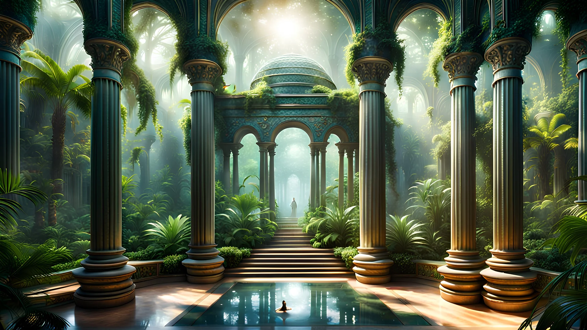 Celestial Secrets Center, meditation podium , mistical meditate women, View from large bay windows throughout from the large bay windows extends through the jungle forest. the palace antic colonnades direct view in the midst in the jungle ,galaxy, space, ethereal space, panorama.