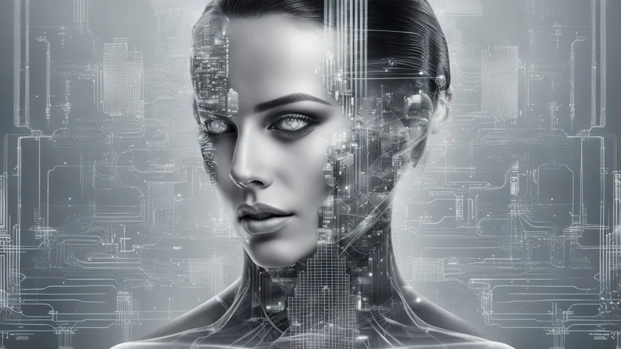 Double Exposure collage portrait of android-human transparent woman face with microchip pattern, cyberpunk, higtech city, skyline, silver sky background, cold, silver, grey, dark colors, futuristic mood, utopistic, high detailed