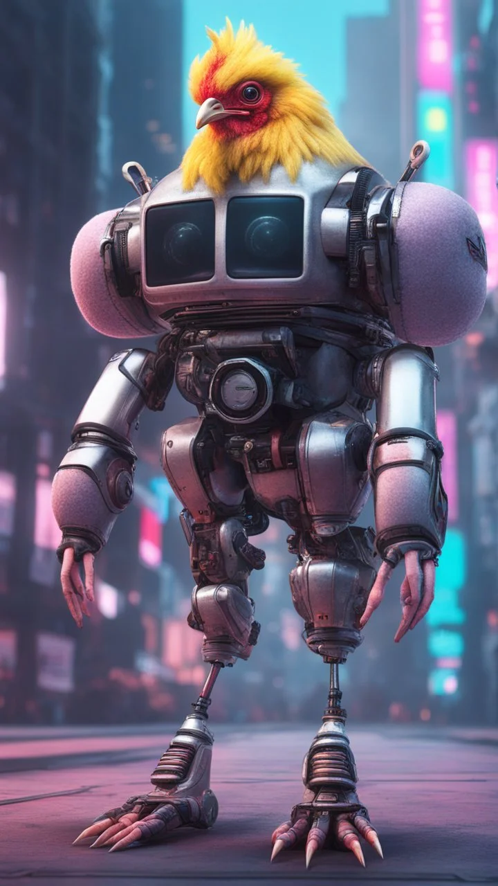 CHICKEN robot made of cotton candy, sci-fi, cyberpunk, full body, ultra realistic, virtual reality, cyberpunk city and colors