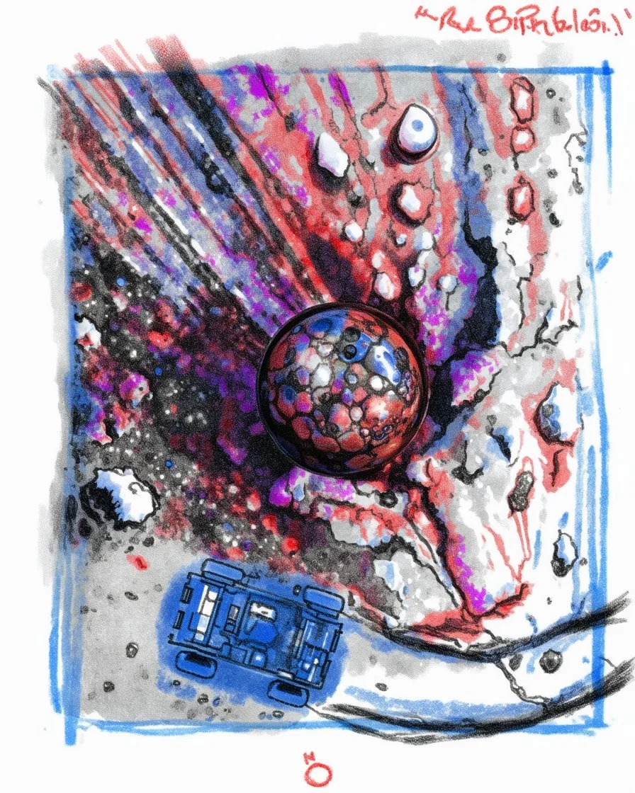 High-altitude lunar reconnaissance satellite image of a young impact crater with larger regolith along right ride. A damaged metallic alien sphere with fracture lines like an egg. organic growth across regolith and up crater walls. Along the lower frame edge a small modern bare-bones lunar-vehicle sits near the rim with visible wheel tracks. comic pencils