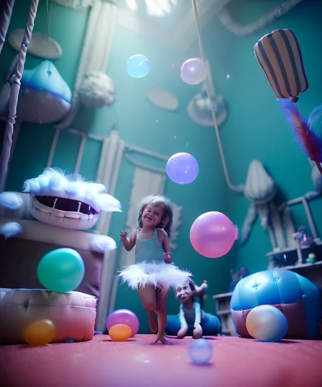 Ultra realistic speed room scene, wide angle view, childs playing with feather pillows and inflatable monsters, circus dress style, feather color, free jumping, many trinkets, hair monster, many jelly beans, balls, smile, extreme, wind, soft color, highly detailed, unreal engine 5, ray tracing, RTX, lumen lighting, ultra detail, volumetric lighting, 3d, finely drawn, high definition.