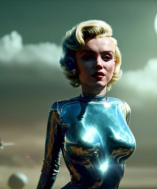 Ultra Realistic retro sci-fi 1960 scene, waist up view portrait, blonde woman, sweet young Marilyn Monroe face, perfect iris, tight latex coat, alien planet background, tight style, steel sphere dron levitating, fog, rain, soft color, highly detailed, unreal engine 5, ray tracing, RTX, lumen lighting, ultra detail, volumetric lighting, 3d, finely drawn, high definition, high resolution.