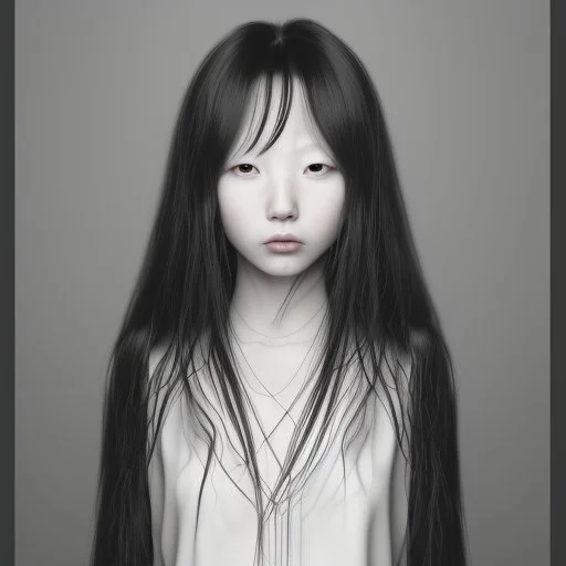 Sadako Yamamura (Ringu, 1998) ; screenshot, Dark Foggy Georgeous Horror Dark Fantasy Art by James Bousema, digital illustration, evil,wild, cold stare ,photo-realistic, 32K,dynamic colors,high details,high definition,crystal clear image,aspect ratio 33:1,DIGITAL ILLUSTRATION by James Bousema Modifiers: Nikon D850 elegant Award winning photography fantasy photorealistic very attractive