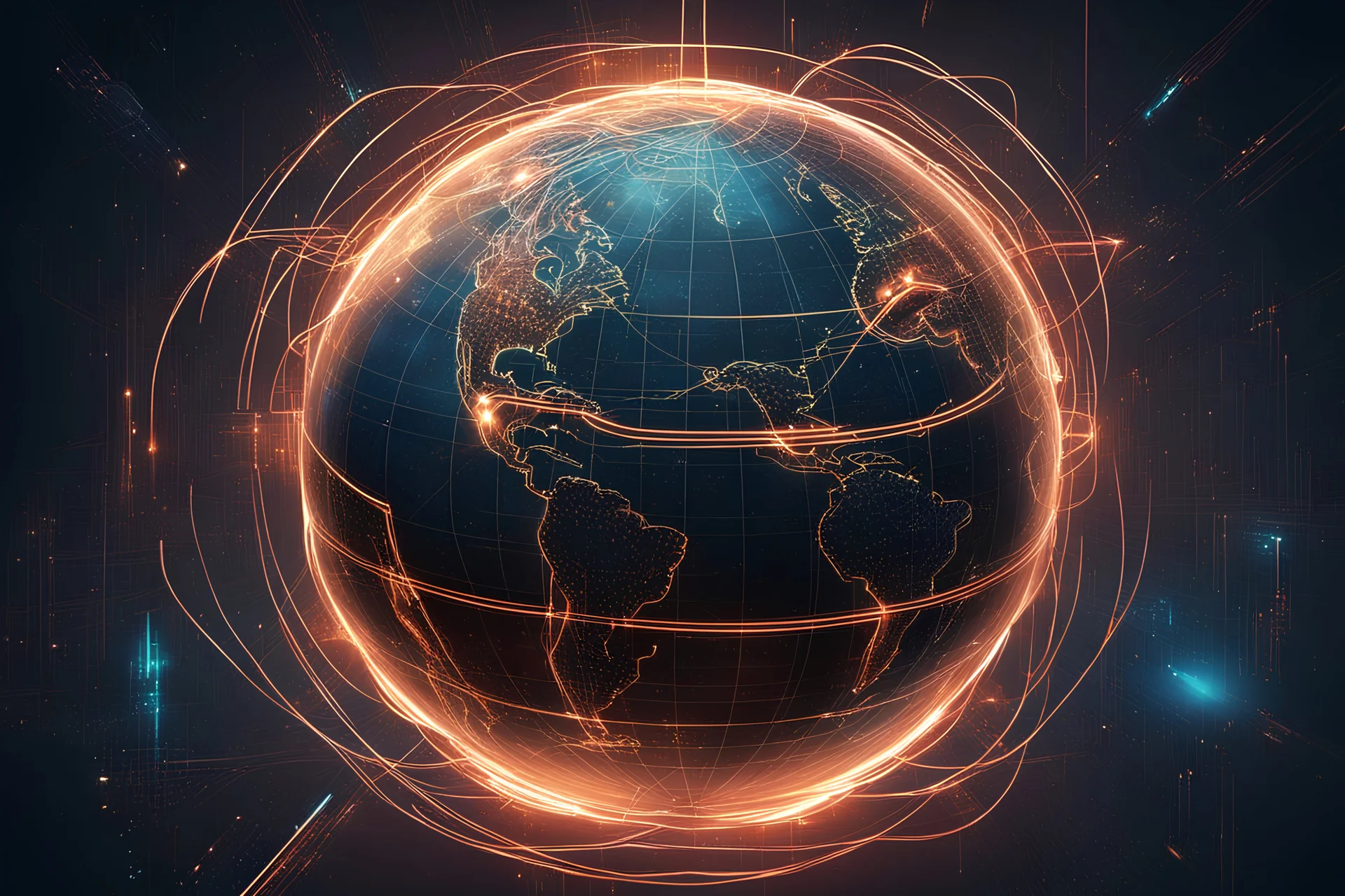 Cyberpunk illustration of global world connected by copper light lines
