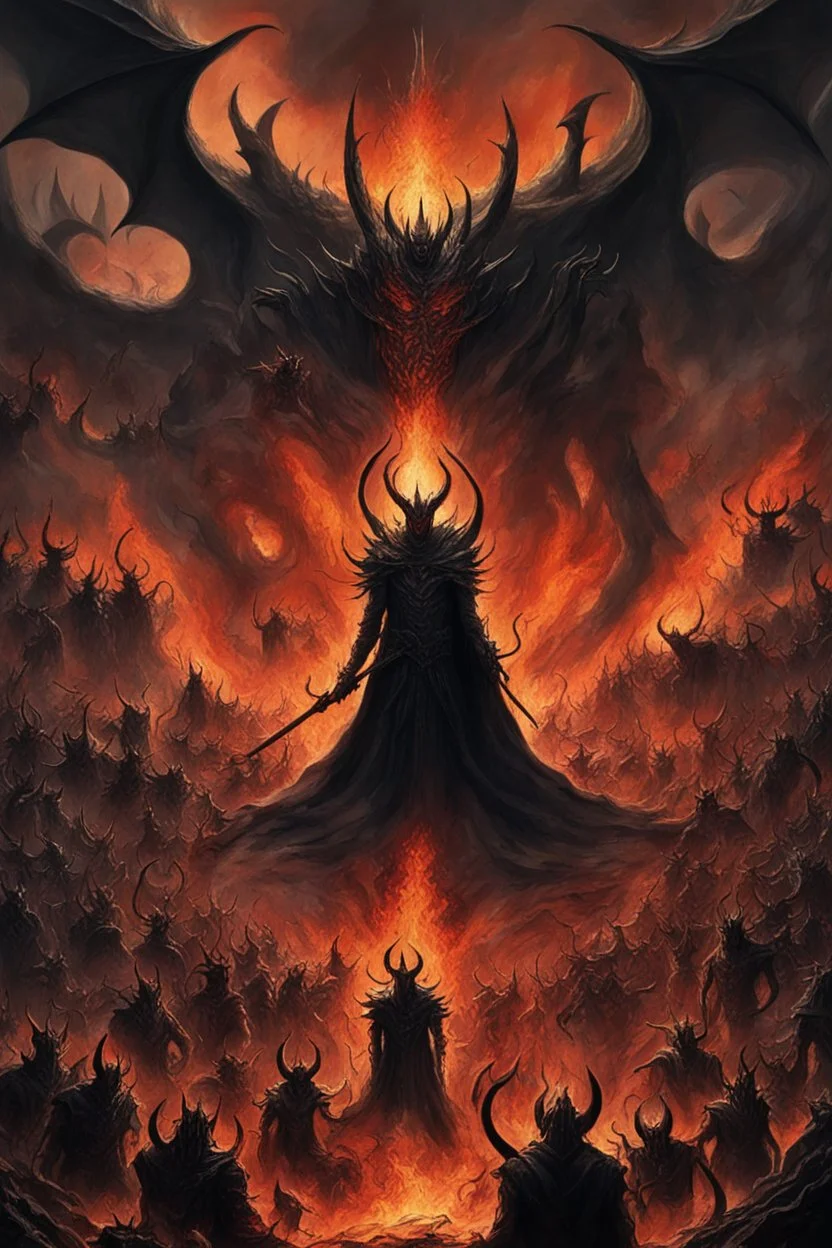 A picture of hell with hellish people in torment Sauron, the lord of darkness, with the devil and his army, in the land of destruction