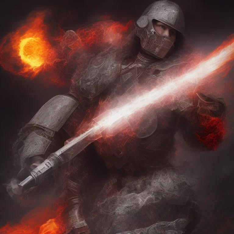 Meteorite falling in the sky. Bulgarian rider warrior. Shiny bright papper scroll. Weapon. Sharp. Damascus steel. Black. Technical details. Red. Doom dark. Fire.