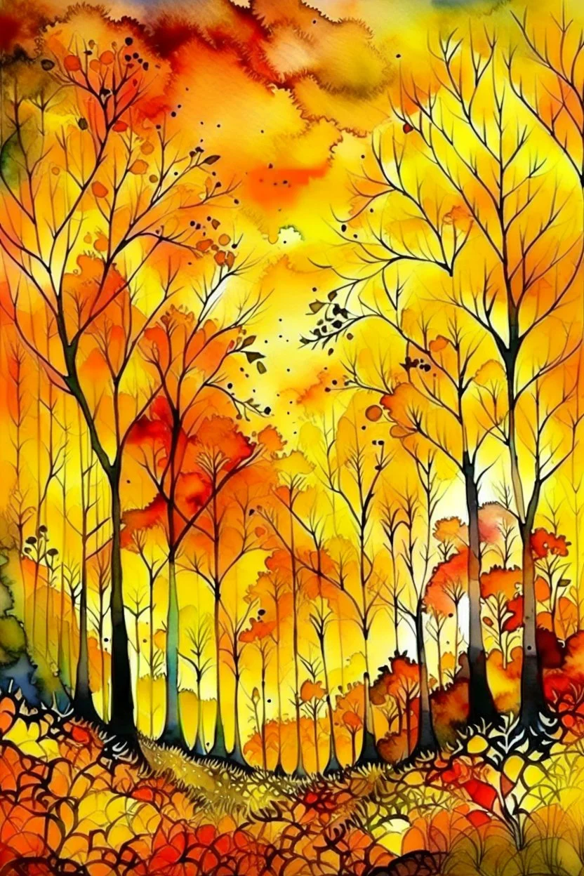 Golden autumn dream, beautiful forest, colourful trees, sunshine, sunset, watercolour and ink