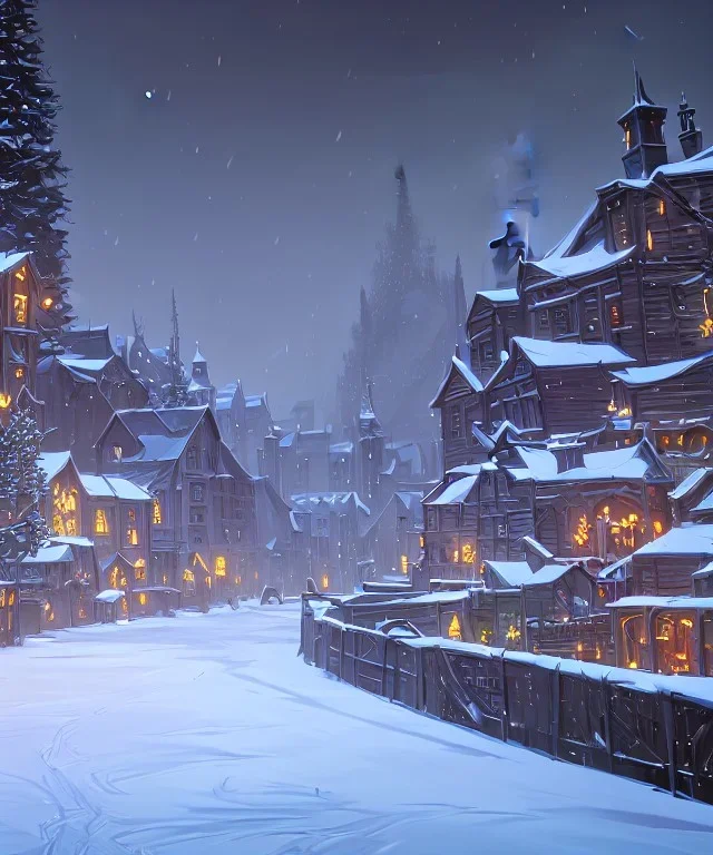 A magical snowy warlock gothic town with river canals with Christmas trees