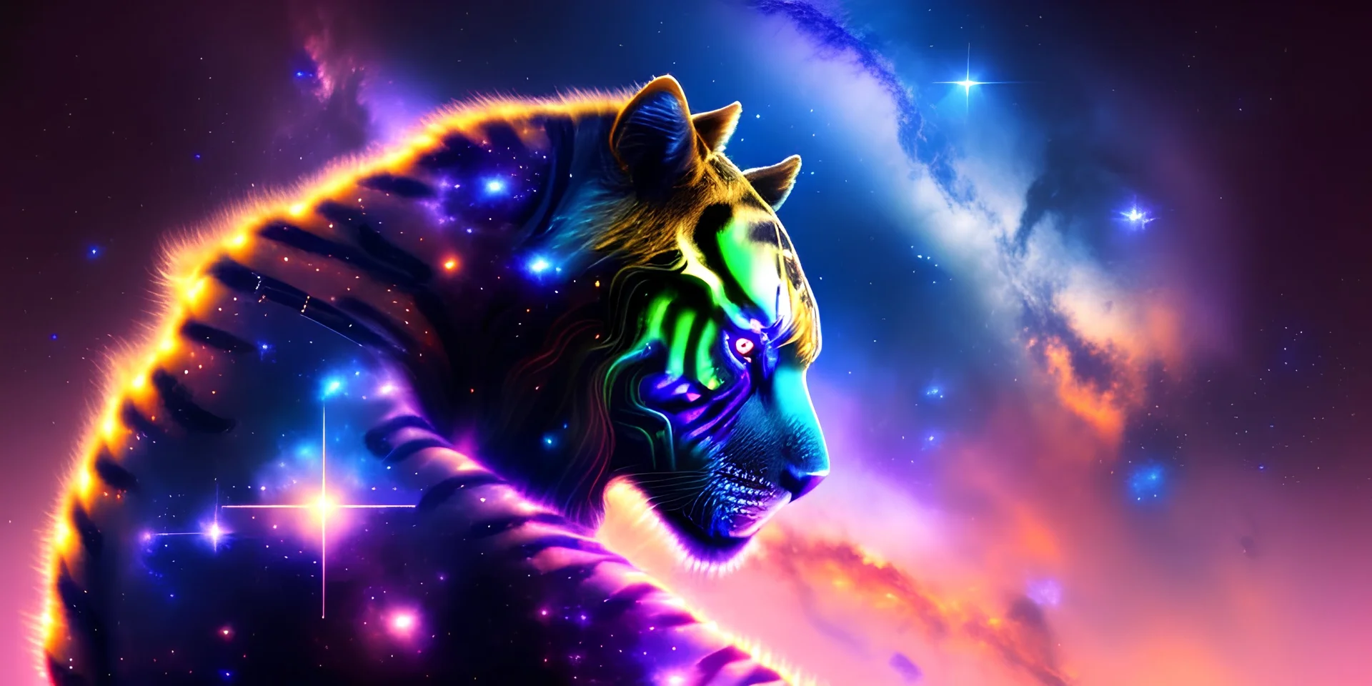 a cyborg space tiger looking out at the cosmos. nebula sky. clarity. High detail. natural tones