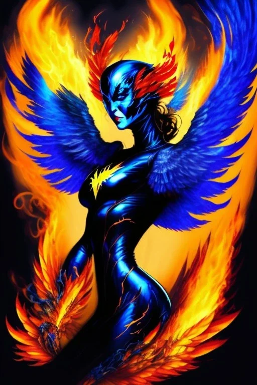 dark, blue phoenix, flaming wings, beautiful, smooth, flying, graceful