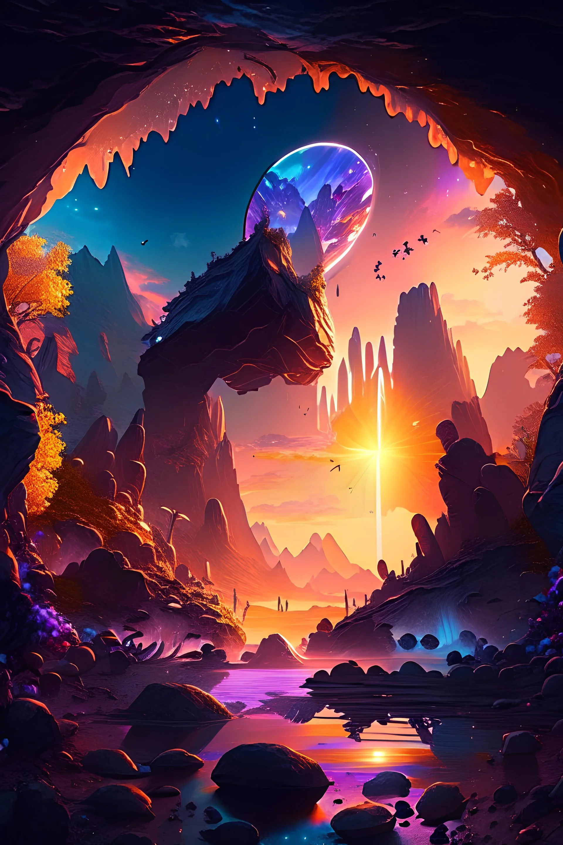 A group of adventurers found the entrance of the cave leading tio anotherworldd, splash art, liquid, 5d, , floating islands, black holes swallowing crystalline structures and alien flora provide a stunning backdrop for the setting sun's luminous display.