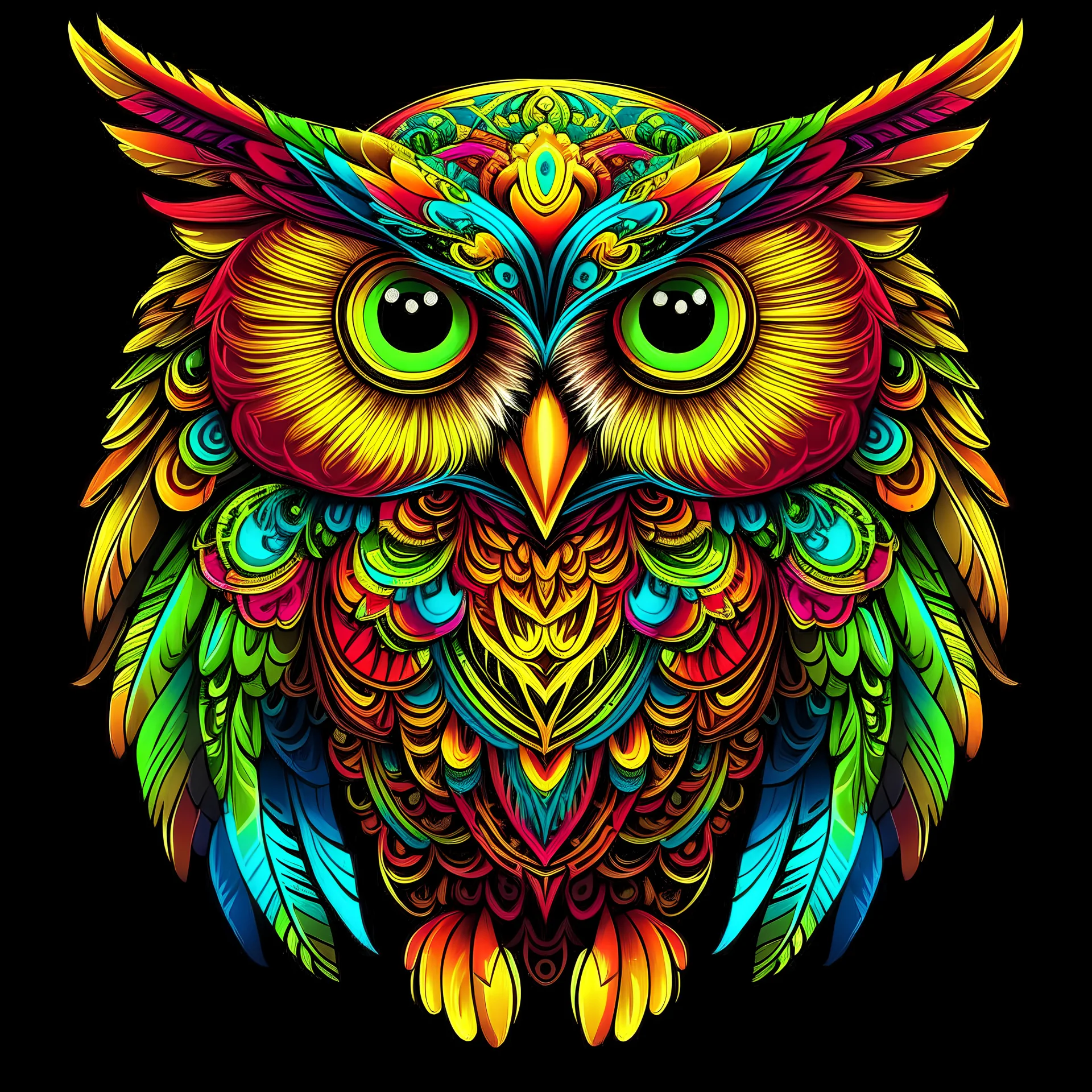 Brightly colored owl with ornate wings and a glowing eye