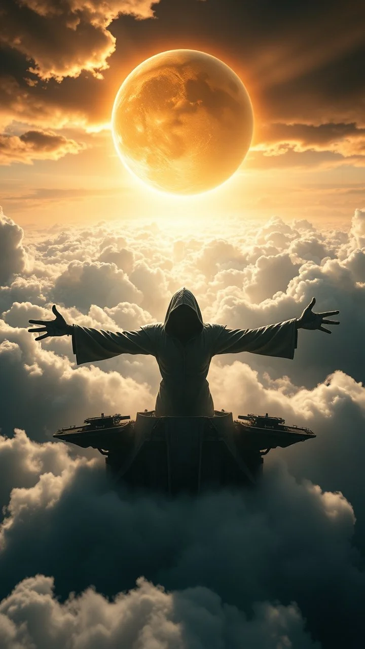 a hooded alien open his arms above swirling clouds, emerges from the heart of a raging storm. Turbulent winds of steam swirl around the iconic structure, lit by shafts of sunlight that cast dramatic shadows on the A large sun hovering by over the clouds, another high planet waiting to collapse with planet earth , High quality 16k cinematic scene and great photography