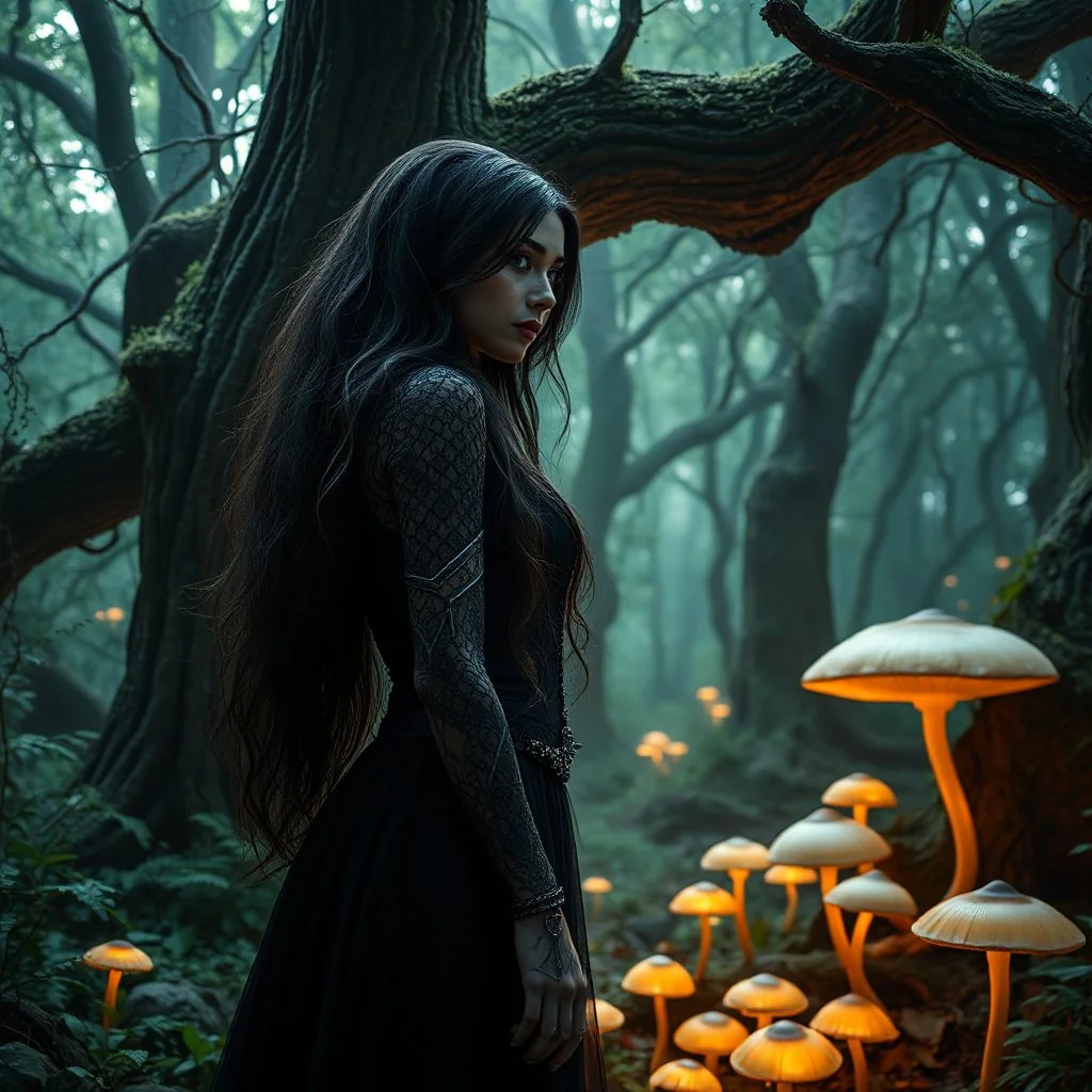 A mysterious fantasy woman standing in a lush, enchanted forest, surrounded by ancient trees and glowing mushrooms. concept ,full size, science, technology,future,electric ,futuristic style, design, practicality,manufacturability,performance, (((realism, realistic, realphoto, photography, portrait, , realistic, beautiful, elegant, charming, art images full hd, 8k, highest quality, Images must be at least 4 MP and vector previews at least 15 MP.