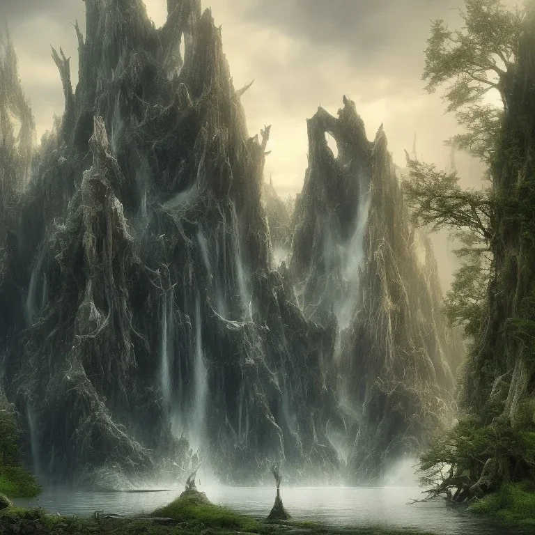 argonath statue, abandoned between moutain, swamp, water, glass, fog, highly realistic, highly detailed, intricate, 8k