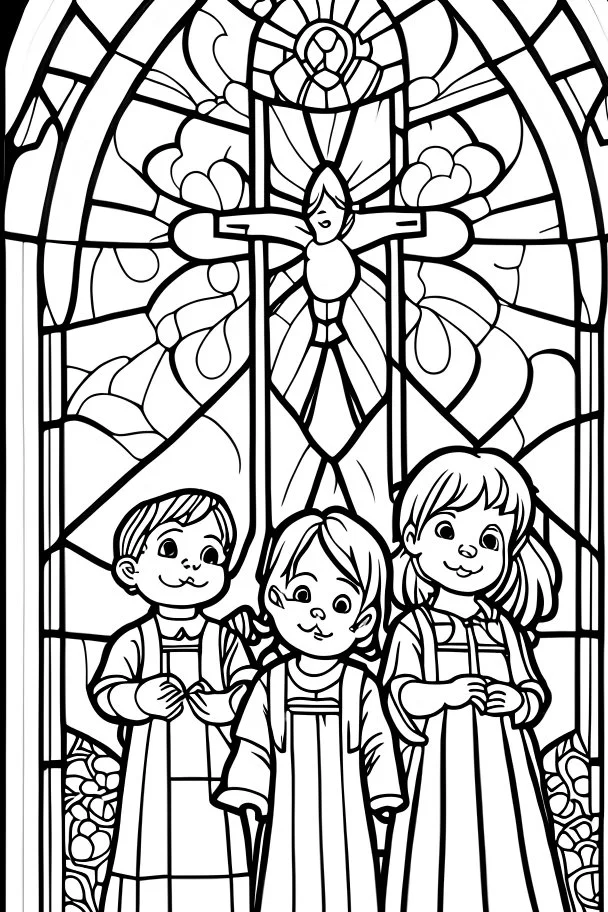 kids coloring page, stained glass church windows, cartoon style, thick lines, low detail, no shading