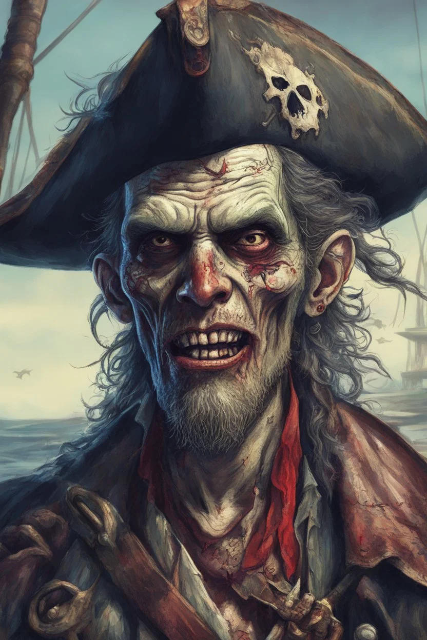 close up portrait of a zombi as a pirate, 2d drawing, background on a boat