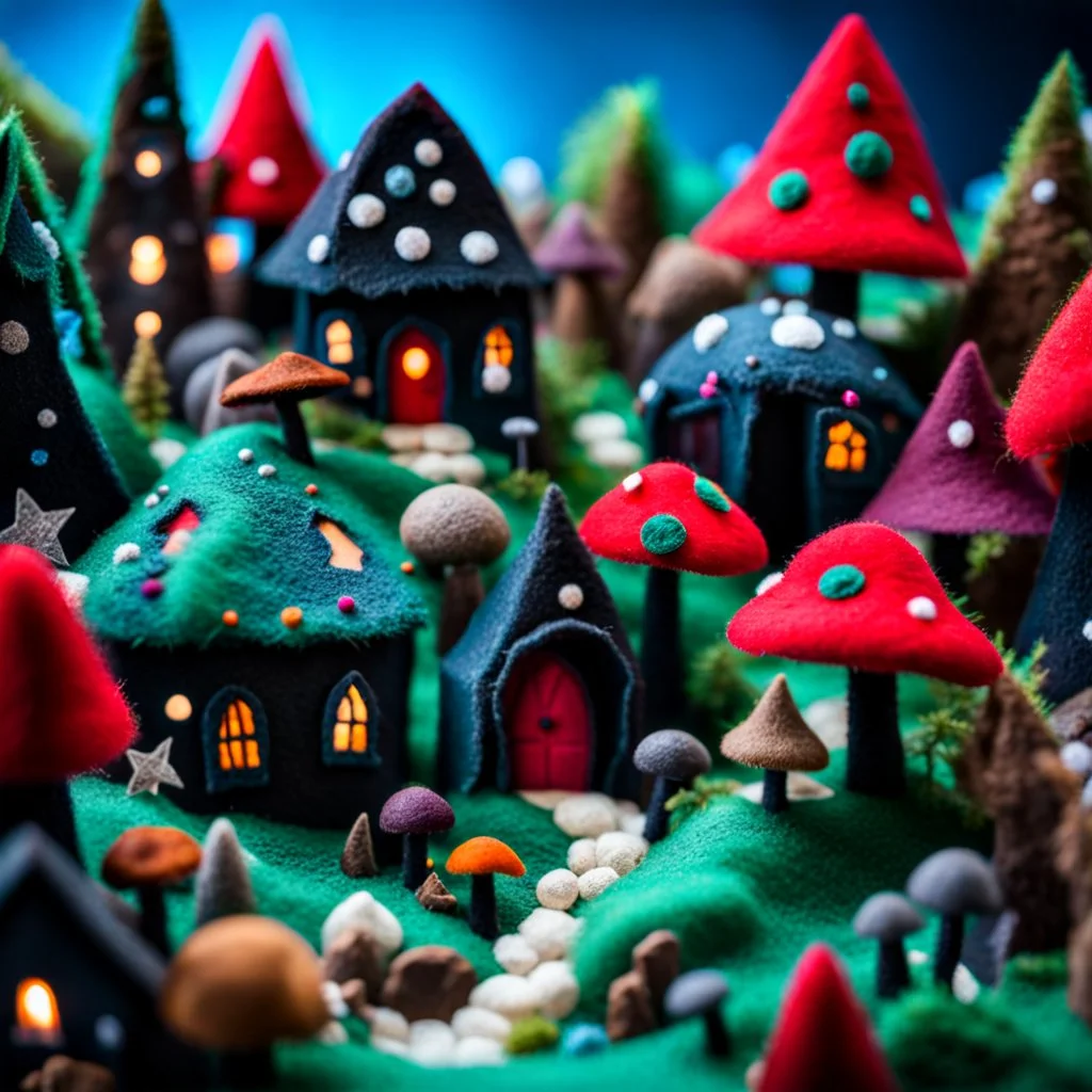 Close-up photograph of detailed creepy village made of felt, crystallizations, figure, animals, fungi, crystals, mineral concretions, stars and planets, Roger Dean, strong texture, intricate, colours, Max Ernst, rich moody colors, bokeh, Tim Burton, Harry Potter, 33mm photography