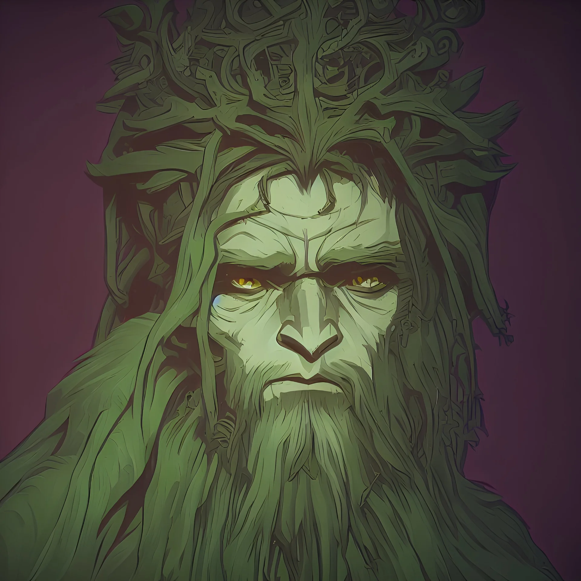 lord of the rings style, green lion man carving, 2d, medieval, gothic, king, surrounded by ivy and snakes