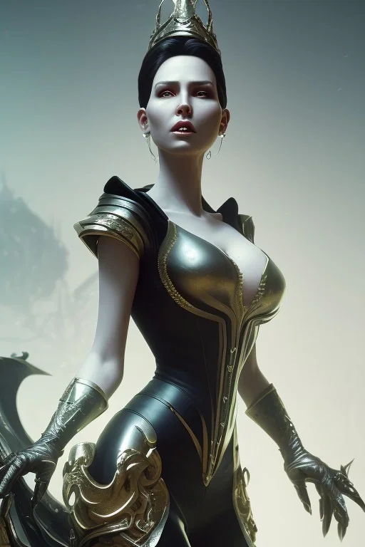 Ava Gartener as evil queen in black leather, busty, cleavage, curvy, angry, stern look. character design by cory loftis, fenghua zhong, ryohei hase, ismail inceoglu and ruan jia. unreal engine 5, artistic lighting, highly detailed, photorealistic, fantasy