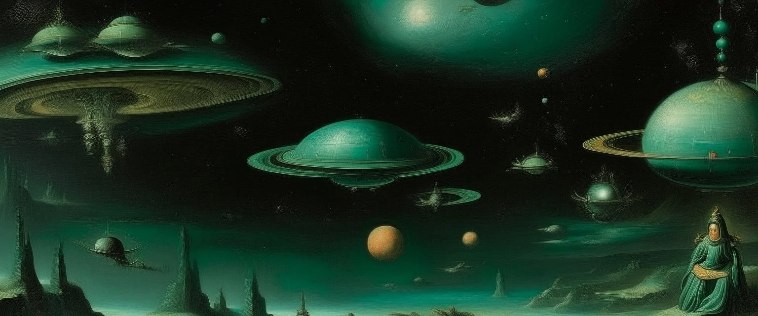 A blackish teal outer space with UFOs painted by Lucas van Leyden