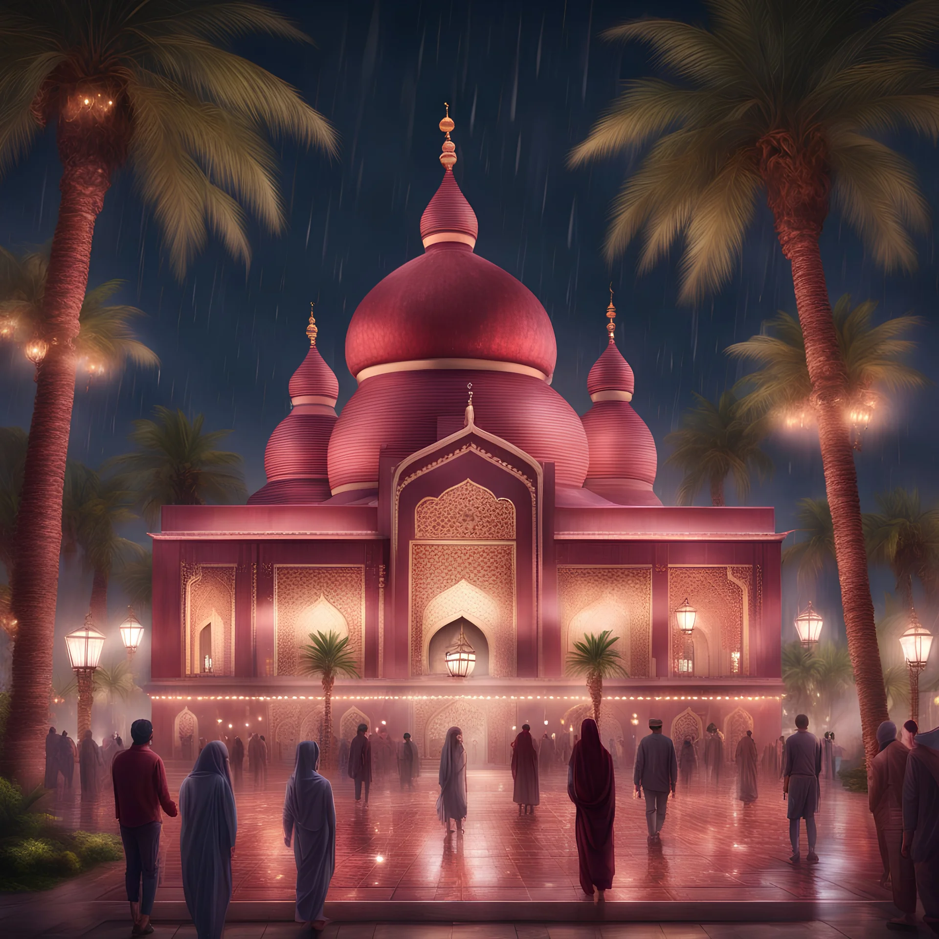 Hyper Realistic areal view of people outside beautiful maroon decorated mosque with garland lights & sky lanterns at rainy night with palm trees, grass patches & water fountains