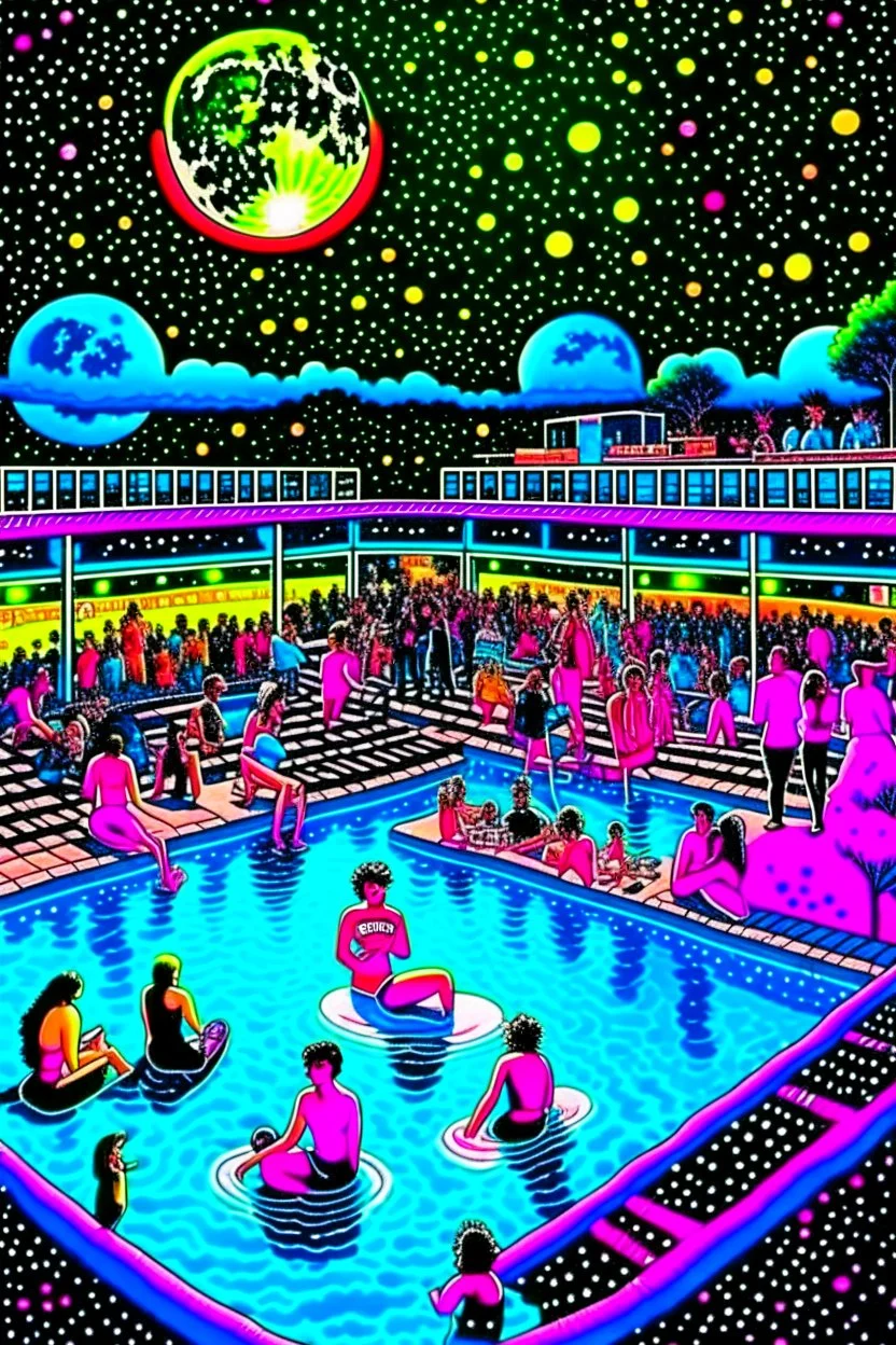 techno rave party in 80's with swimming pool on the moon full