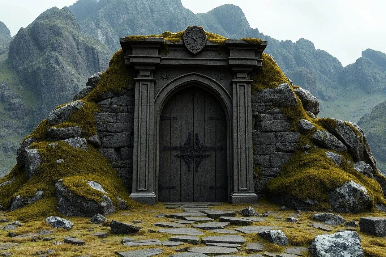 ancient gate in the mountains, 3d model, moss, rocks, dark fantasy