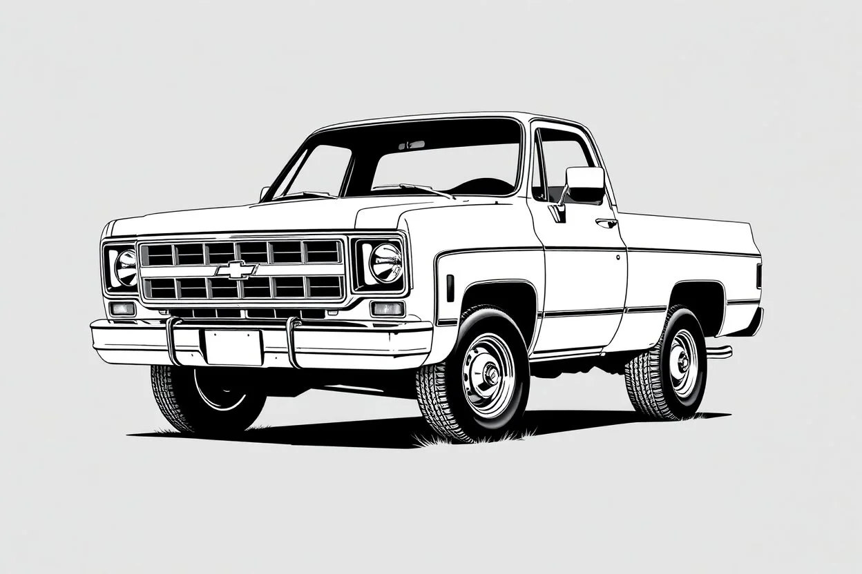 1970s Chevrolet square body truck facing a little to the left, gray background, high contrast black and white vector