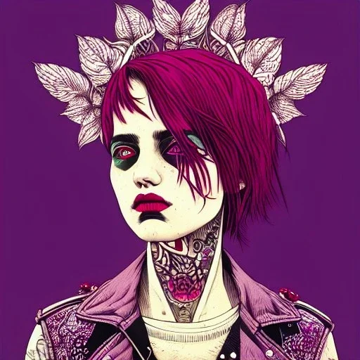 beautiful punk girl, hyper detailed, hyperdetailed, intricately detailed, illustration by <asaf hanuka>, purple tones, darkred tones,