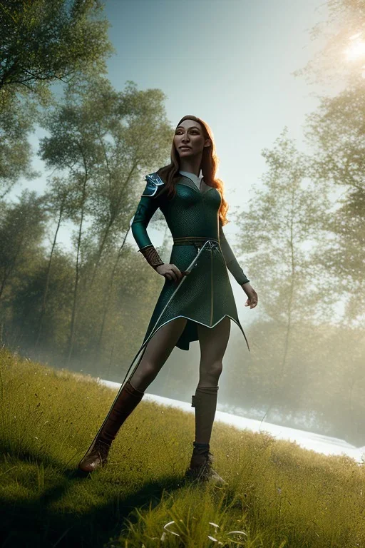 Tauriel standing on a flat floor, by Cedric Peyravernay, complete full body in frame, delicate traits, symmetric eyes, every part of the body represented in the frame, intricately detailed image, volumetric lighting