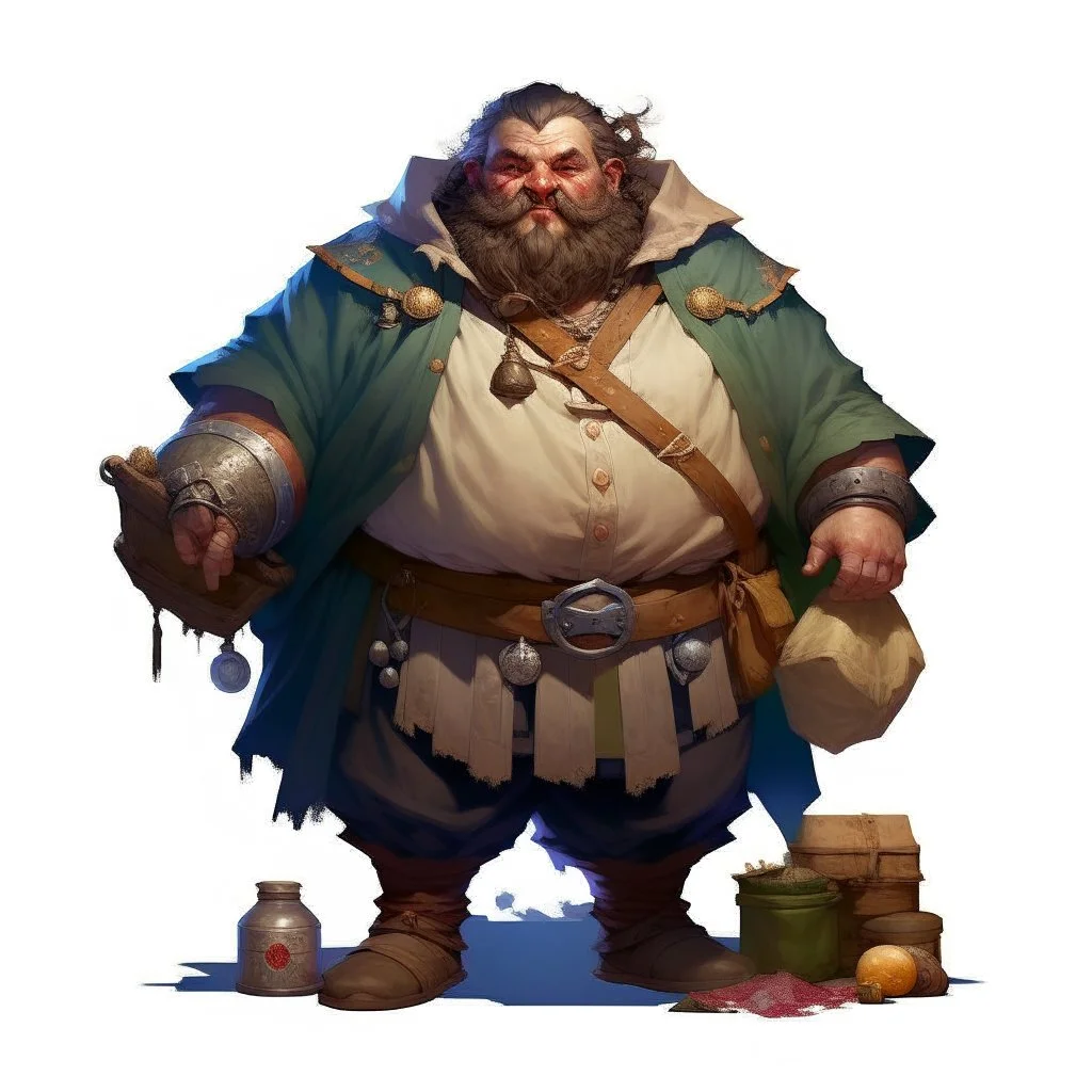 fantasy dnd commoner male 40 years old merchant large overweight dirty from travelling the road