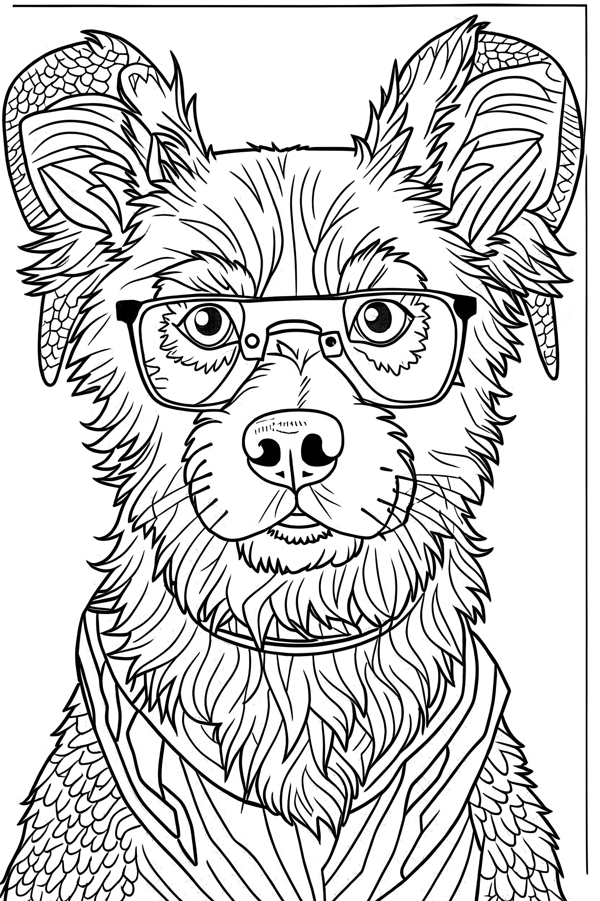 a beautiful dog with glasses. centered flat minimalistic black and white high contrast line drawing, coloring book style, {prompt}, (white sky, white clouds, white hair, white objects, white clothing, white fur, white skin, white terrain, white scales, white everything:1.1), blank white background