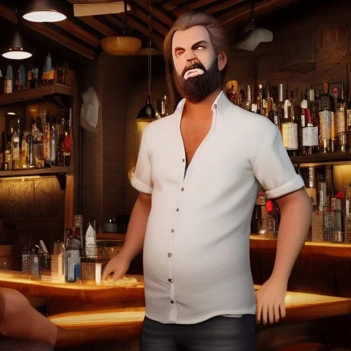 large broad shoulder man wearing a white shirt, big belly, messy blonde hair, standing in a bar, illumination, brilliant coloring, smooth, sharp focus, crispy quality, vray; Artstation; HD, HDR, SF, CGSociety, 16k, photorealistic, unreal engine