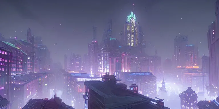 City at night with falling snow