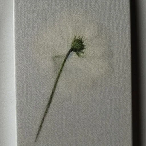 tiny oil painting of single long stem pressed flower, white canvas, ghostly, melancholy, tender, moody, vintage, delicate arrangement, beautiful composition, etsy, aesthetic layout, plain solid white background