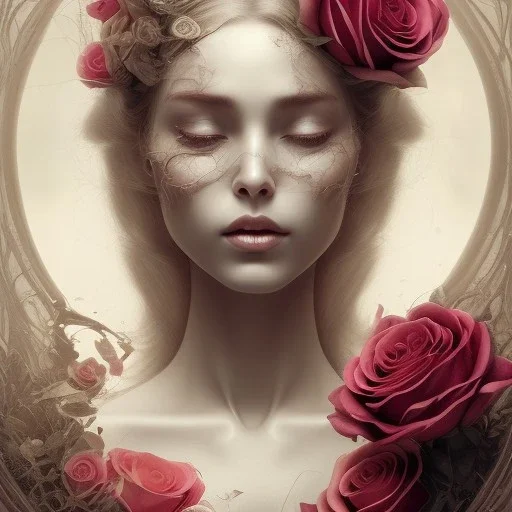 woman lying on satin pilow with closed eyes and cobwebs on face, hands crossed against chest holding roses, 8k, high-quality, fine-detail, intricate, sharp, crisp, digital art, detailed matte, illustration, octane render, brian froud, howard lyon, Anne Dittman, Anne Stokes, Lisa Parker, Selina French