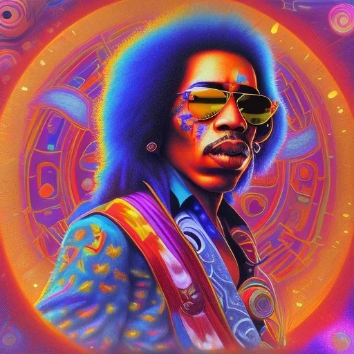 a realistic picture of Jimi Hendrix with dreadlocks, at a turntable with headphones on being a DJ, vivid color, with sunglasses, psychedelic trippy art, with UFOs in the background