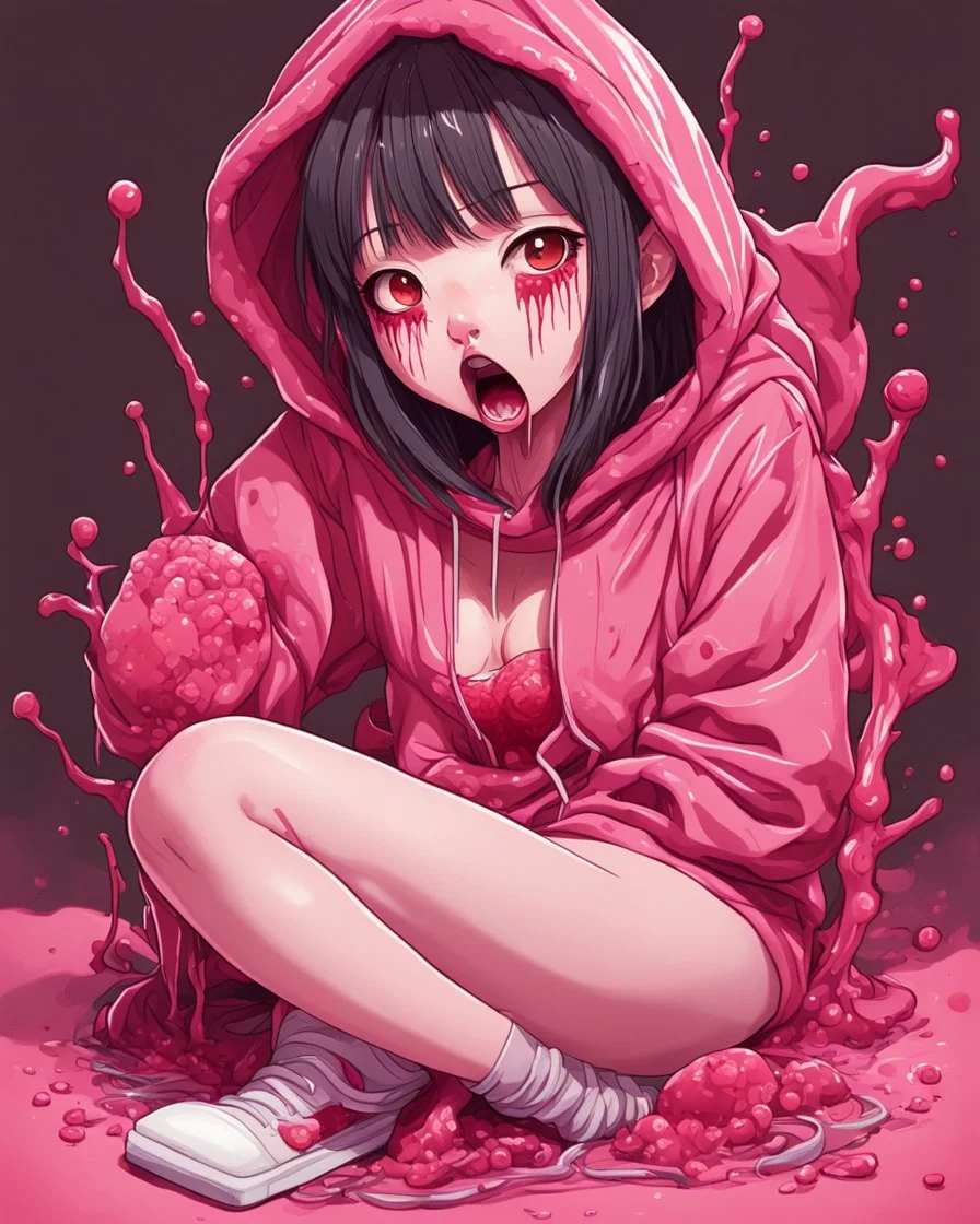 Anime girl crushed inside really darkred fleshy stomach filled with digestive juices, sit pose, fullbody, serius, tears, Junji Ito style, pink tones, pastel tetradic colors, 3D vector art, isometric style, retro aesthetic,rolling eyes, tongue out, saliva drip, open mouth,toph bei fong, croppedhoodie, underboob, mountainous horizon, 1girl, toph, bangs, black hair, blind, grey eyes, hair between eyes, hair bun, hairband, short hair, cropped hoodie underboob, cropped hoodieunderboobhoodie