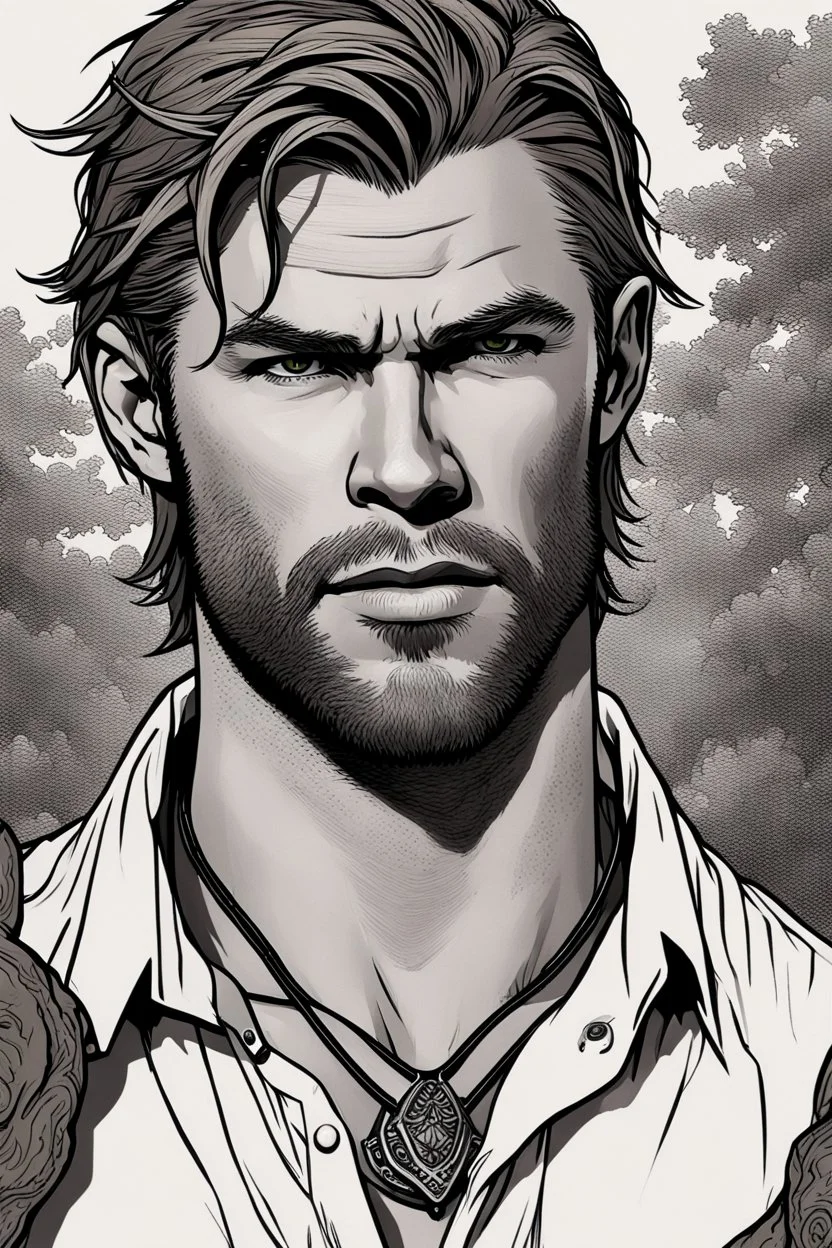 Portait young chris hemsworth as fantasy alpha werewolf in human form very muscular short cropped black hair and stubble on chin, tribal tattoos wearing white button up shirt with rolled up sleeves realistic face, close-up, dark fantasy, fantasy forest, intricate details, hyper detailed, photograph