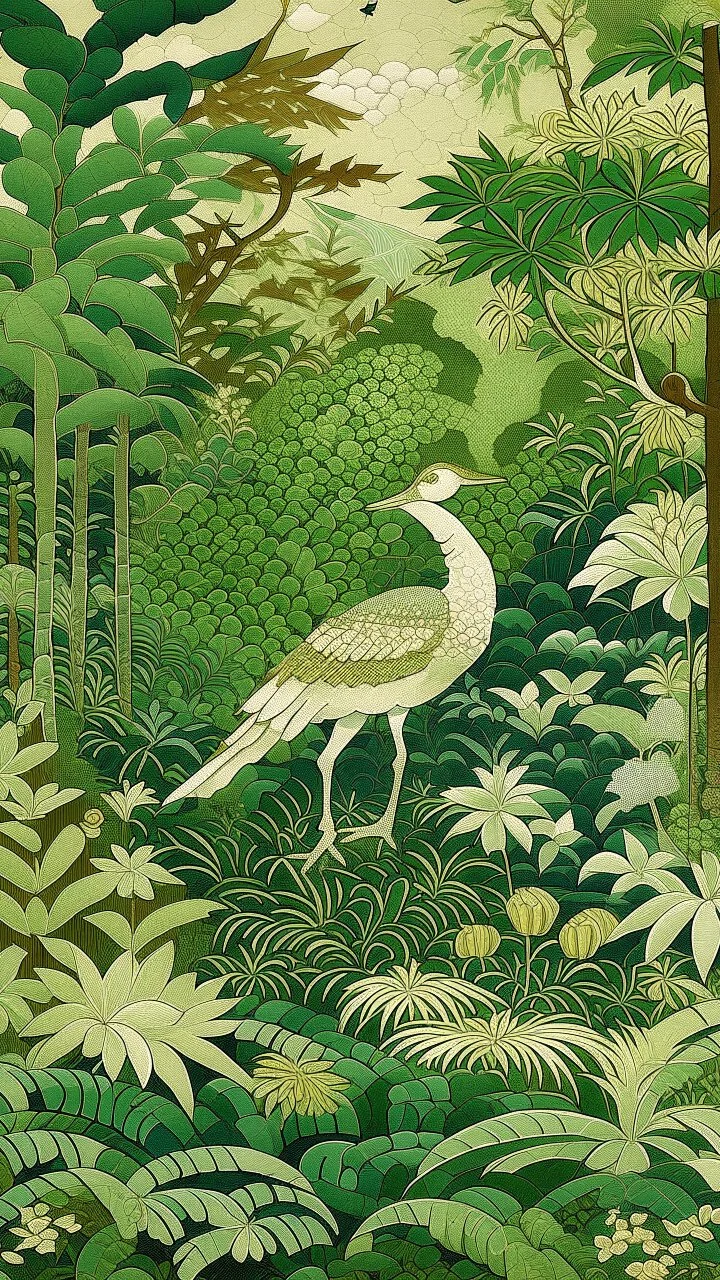 An olive green jungle with a crane designed in ancient Roman mosaics painted by Katsushika Hokusai