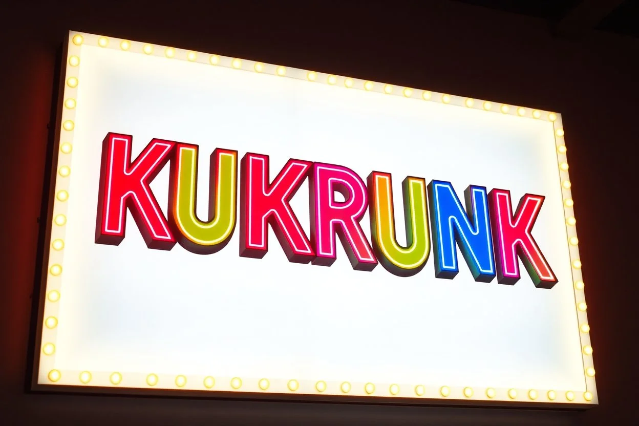 A 1980 disco sign labeled "KUKRUNK" white background and bold multi colored 80s font, miami vice